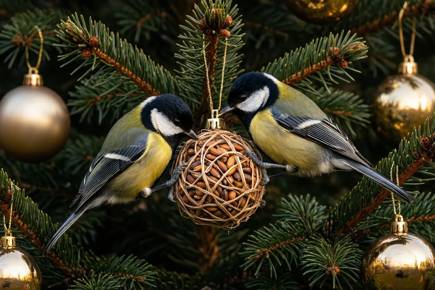 Twee koolmezen zitten in een versierde spar en pikken aan een geweven zaadbol, tussen groene naalden en glanzende gouden kerstballen.