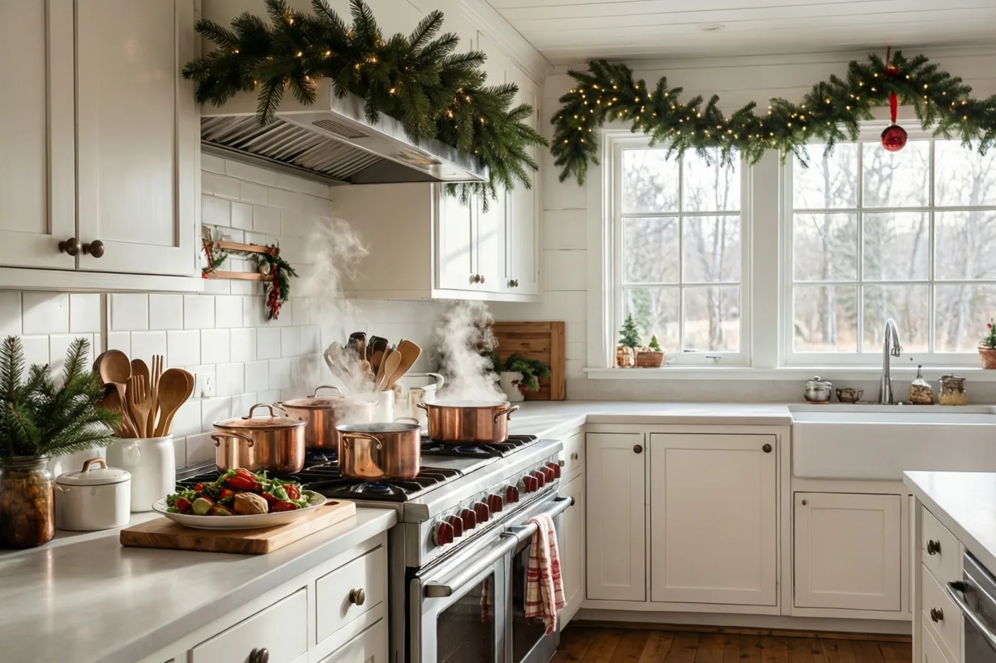 In een landelijke keuken met witte kasten en een houten vloer staan dampende koperen potten op het fornuis, tussen dennenslingers en lichtjes, met kale bomen buiten het raam.