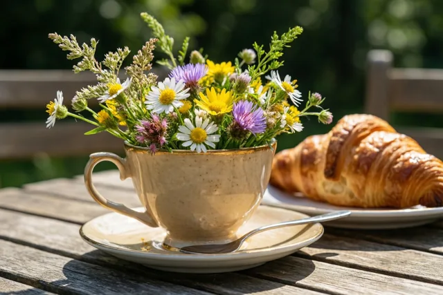 Een kopje bloemen bij het ontbijt