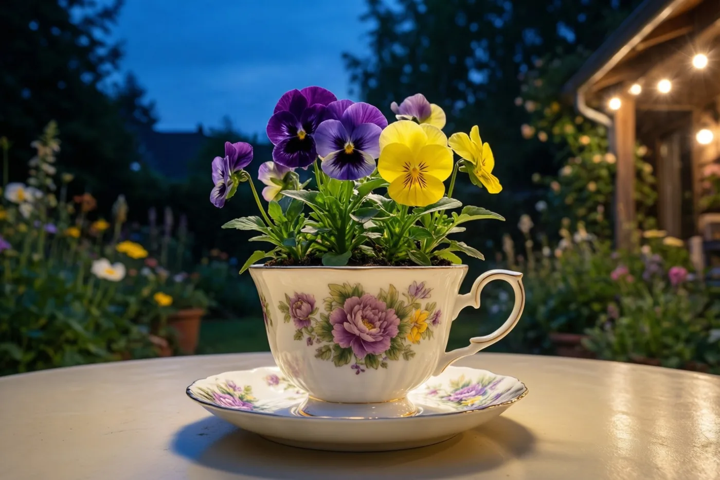 Een versierde porseleinen theekop vol paarse en gele viooltjes staat op een bijpassend schoteltje op een tuintafel in de schemering, met een zacht verlicht huis op de achtergrond.