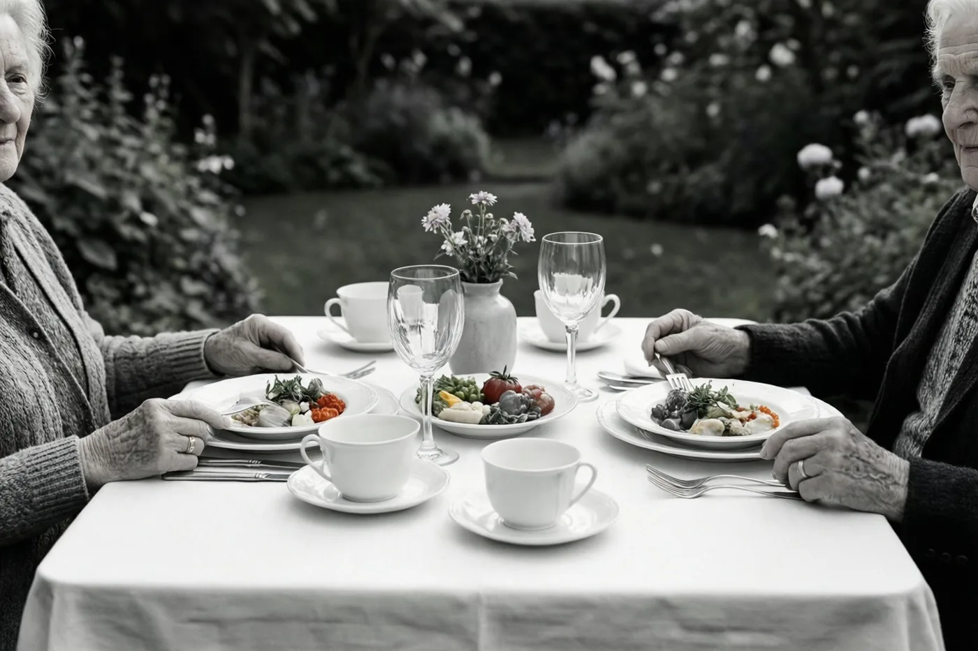Op een zwart-witfoto eet een ouder koppel aan een tuintafel met wit porselein, waarbij hun handen zichtbaar zijn.