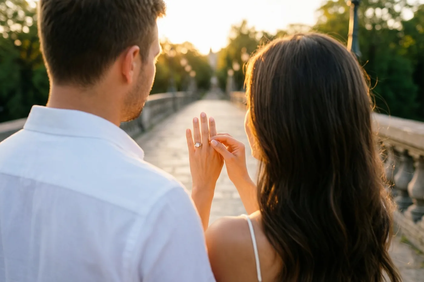 Een koppel staat met de rug naar de camera op een stenen brug in warm avondlicht, terwijl de vrouw haar opgeheven hand met een nieuwe ring bekijkt, met groen op de achtergrond.
