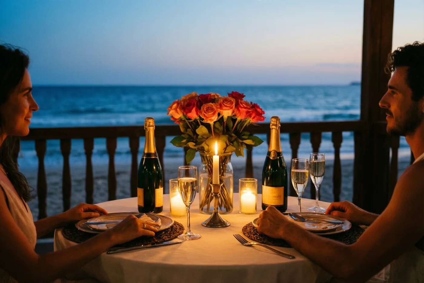 Een koppel zit bij schemering aan een tafel met kaarsen, een vaas rode en oranje rozen en twee champagneflessen op een strandterras met de zee op de achtergrond.
