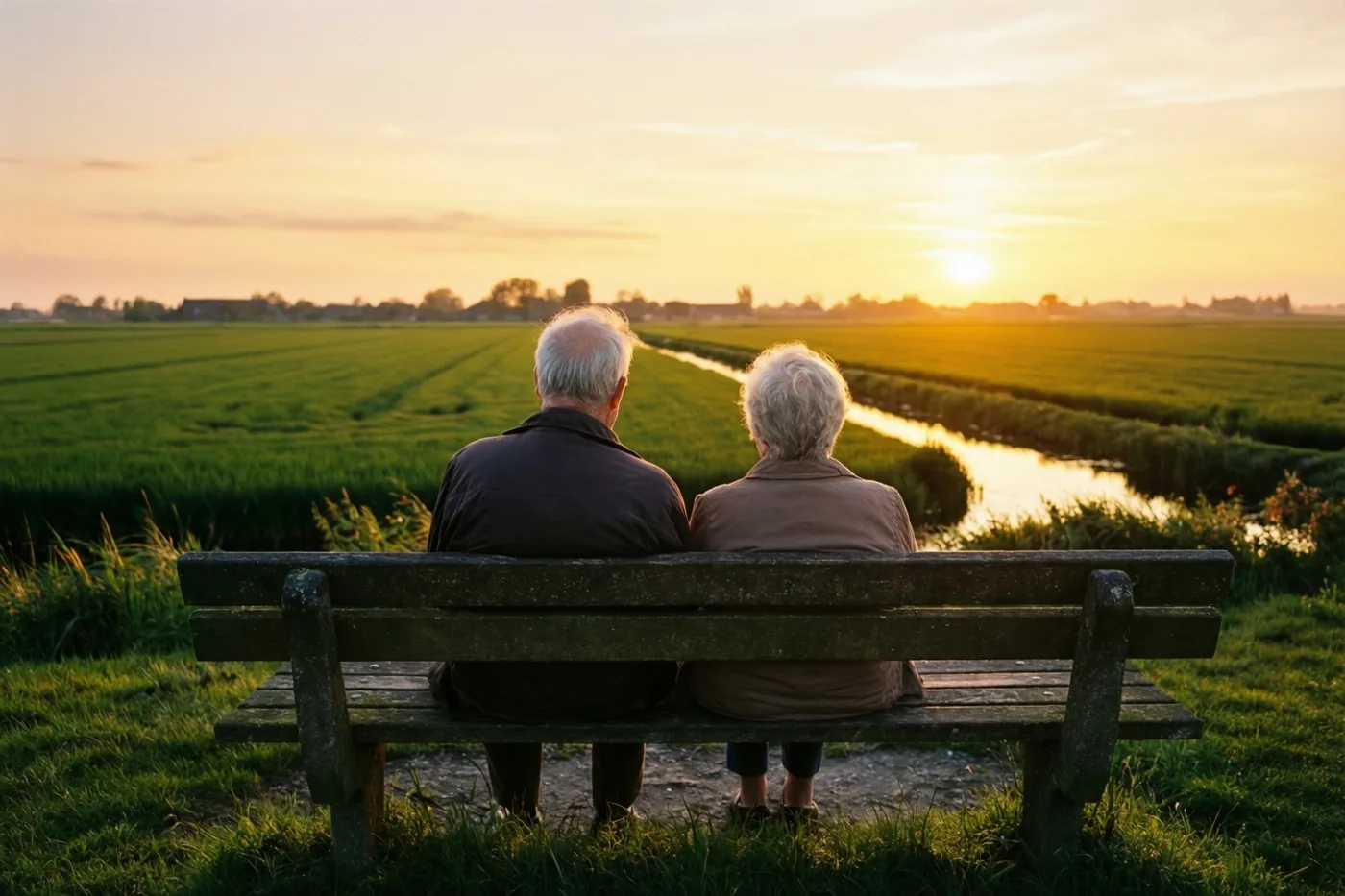 Een ouder koppel zit met de rug naar de kijker op een houten bank en kijkt naar de zonsondergang boven groene polders met een kanaal.