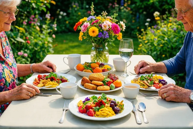 Een ouder koppel eet een kleurrijke maaltijd aan een tuintafel, met hun handen in beeld en weelderig groen en bloemen rondom.