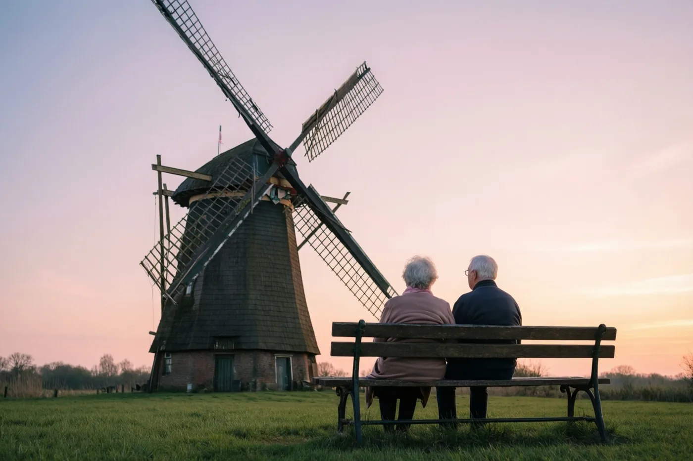 Een ouder koppel zit met de rug naar de camera op een houten bank en kijkt naar een oude windmolen in een grasveld onder een roze en oranje avondlucht.