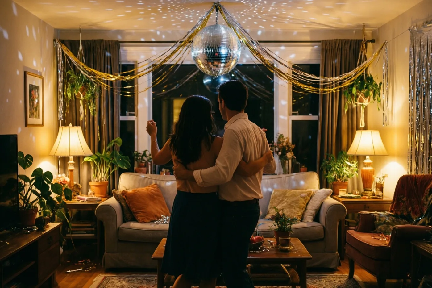 Een koppel danst van achteren gezien in een warm verlichte woonkamer met gouden serpentines, een glinsterende discobal, meubels en potplanten.