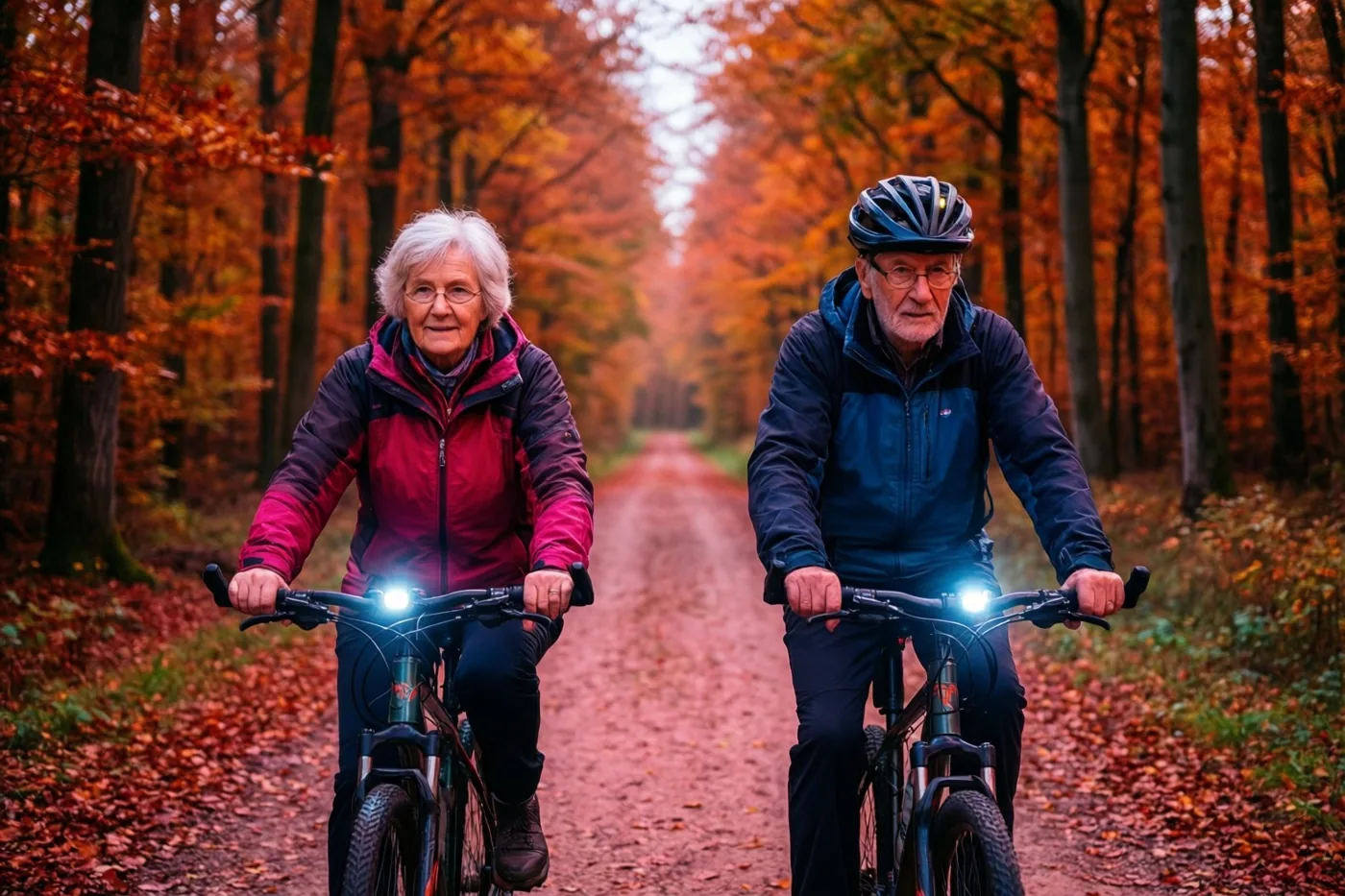 Een ouder koppel fietst naast elkaar op een smal bospad tussen beuken in warme oranje en rode herfstkleuren.