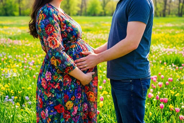 Een zwangere vrouw in een kleurrijke bloemenjurk en een man in een blauw hemd staan in een zonnige lenteweide en leggen allebei hun handen op haar buik.