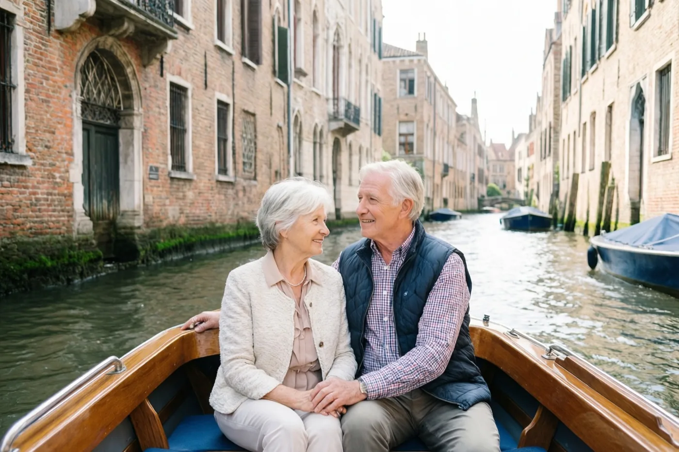 Een ouder koppel zit in een houten boot die over een smalle waterweg langs historische bakstenen gebouwen vaart, in zacht daglicht.