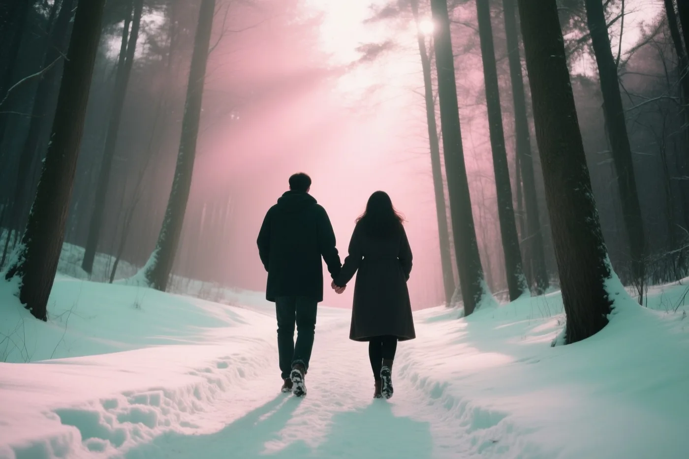 Een koppel wandelt van de kijker weg, hand in hand over een besneeuwd bospad in zacht roze en blauwgroen licht.