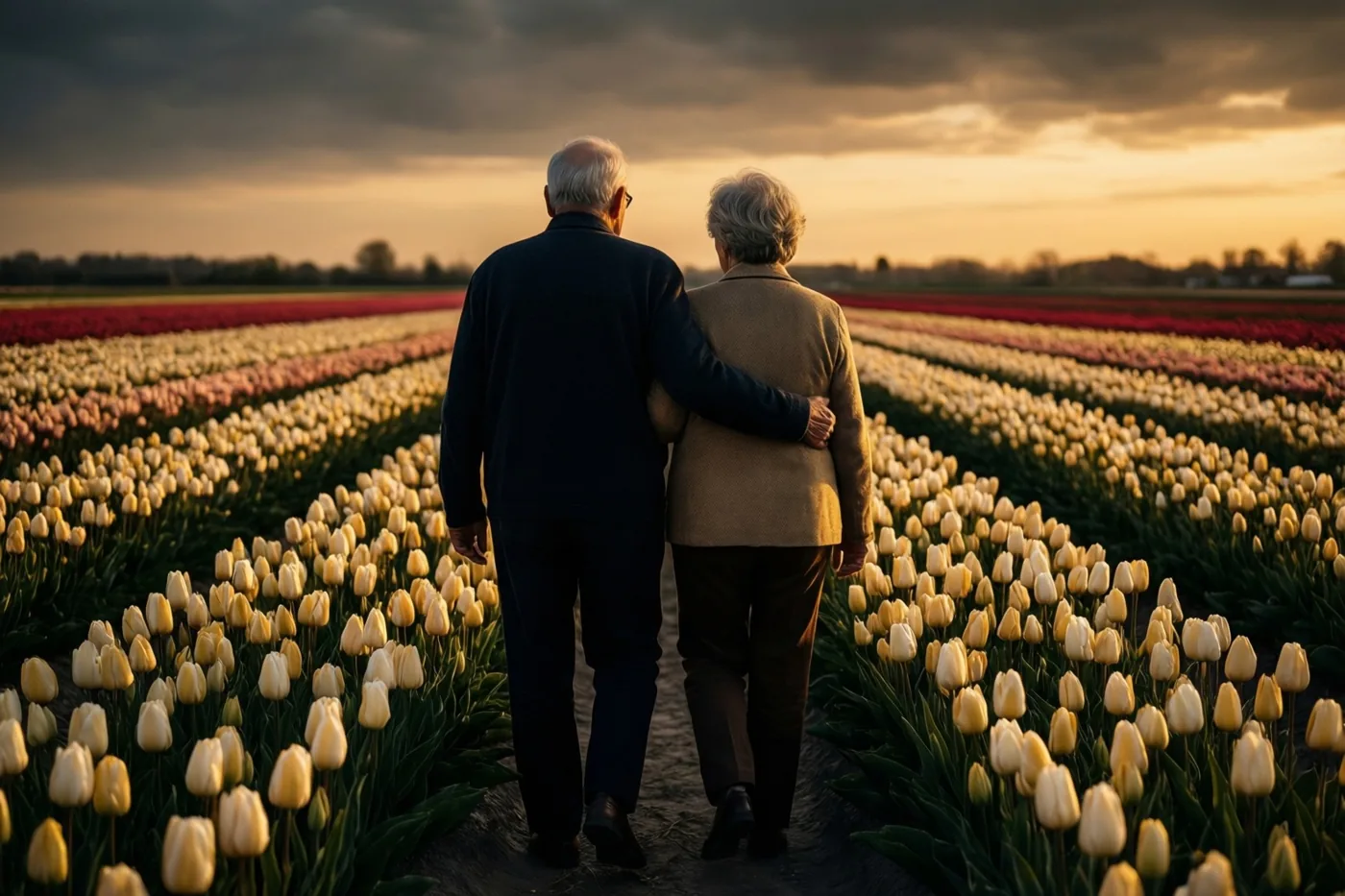 Een ouder koppel wandelt arm in arm door een uitgestrekt veld bloeiende tulpen bij zonsondergang onder een bewolkte hemel.