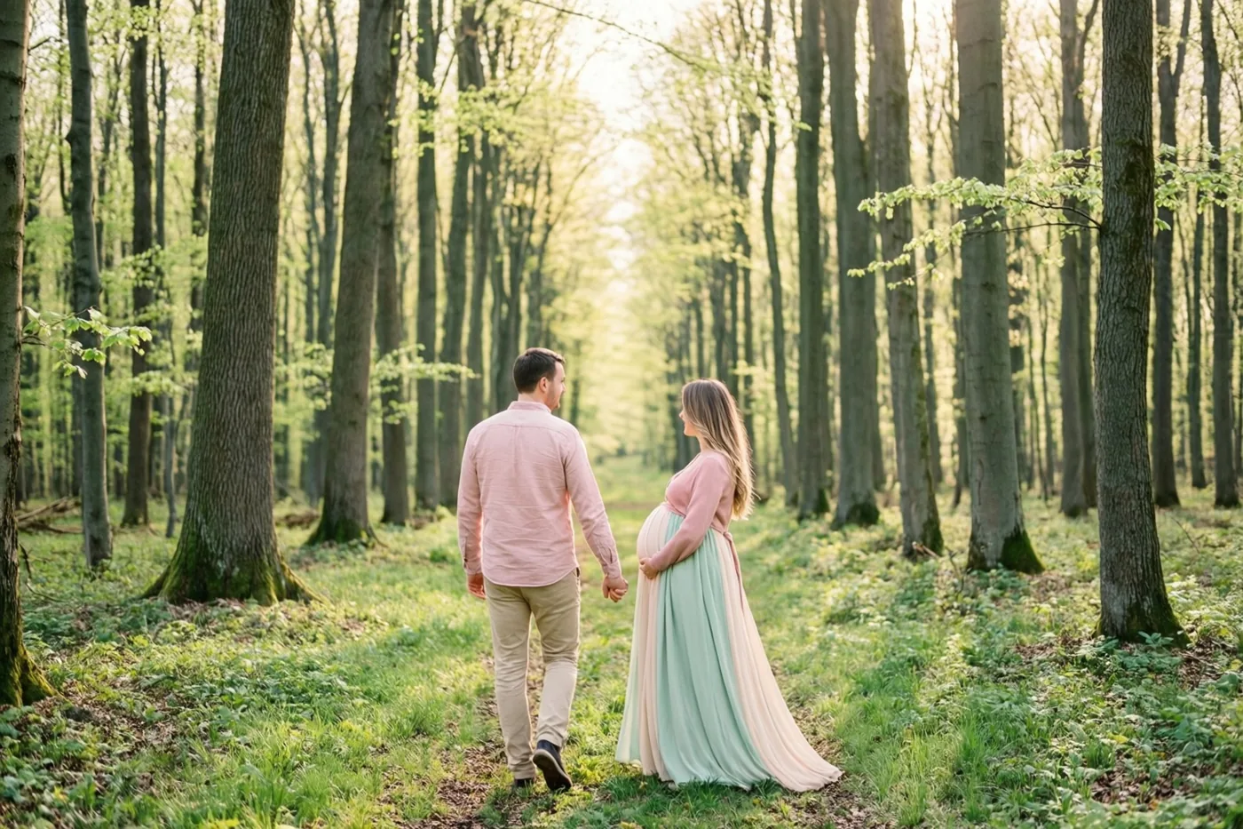 Een zwangere vrouw in een pastelkleurige jurk en een man in een roze hemd wandelen hand in hand door een zonnig beukenbos, met zijn andere hand op haar buik.
