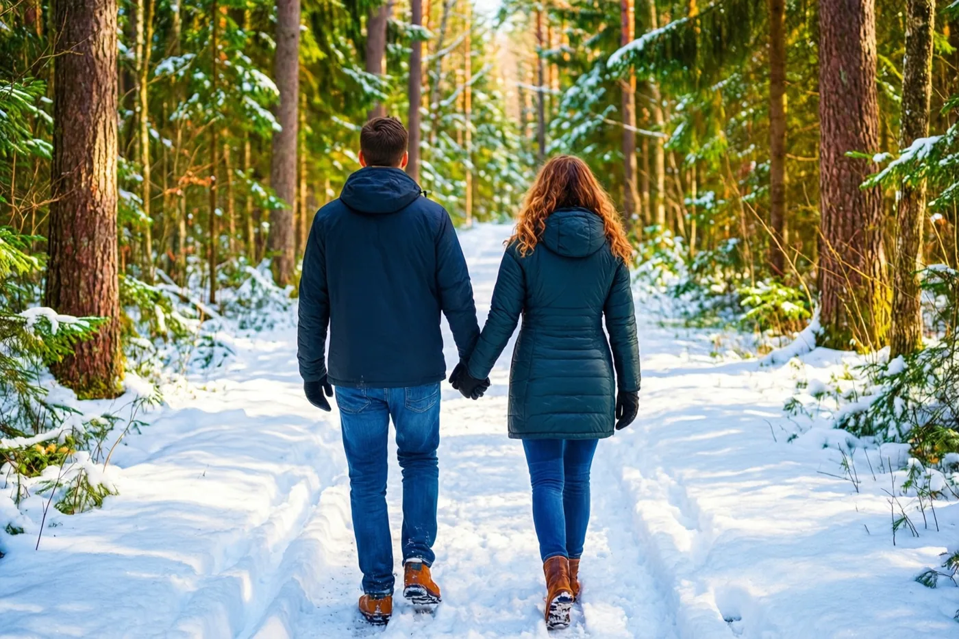 Een koppel wandelt van achteren gezien hand in hand over een besneeuwd bospad, met zonlicht tussen de takken van besneeuwde bomen.