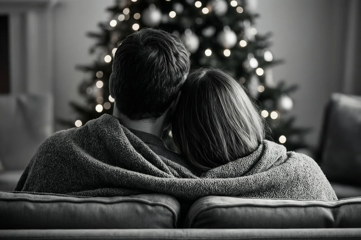 Op een zwart-witfoto zit een koppel van achteren gezien onder één deken in de zetel, met zicht op een verlichte kerstboom.