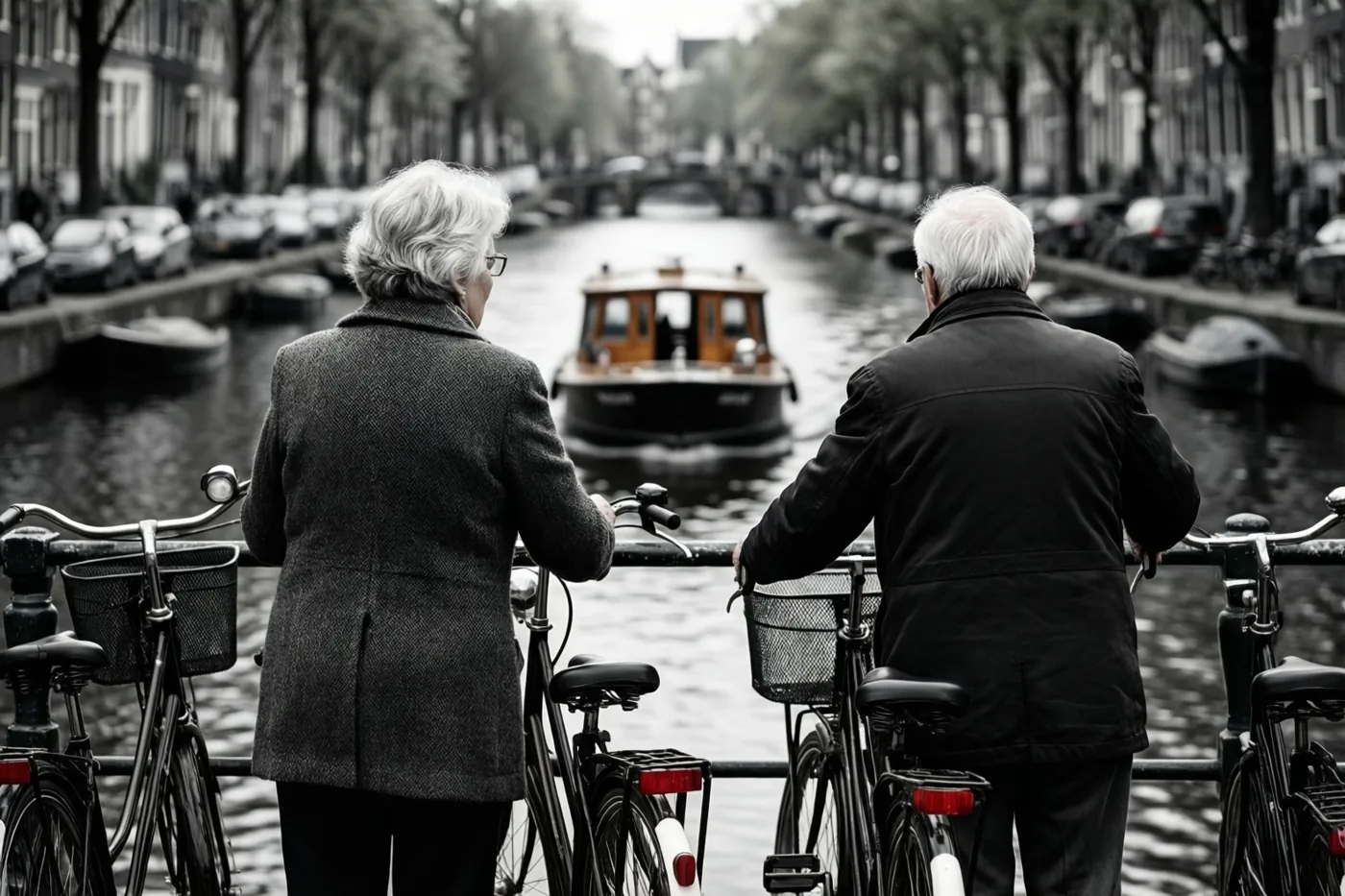 Een ouder koppel staat met fietsen aan een kanaalleuning en kijkt naar een bootje, waarvan de houten kajuit in kleur afsteekt tegen de zwart-witfoto.