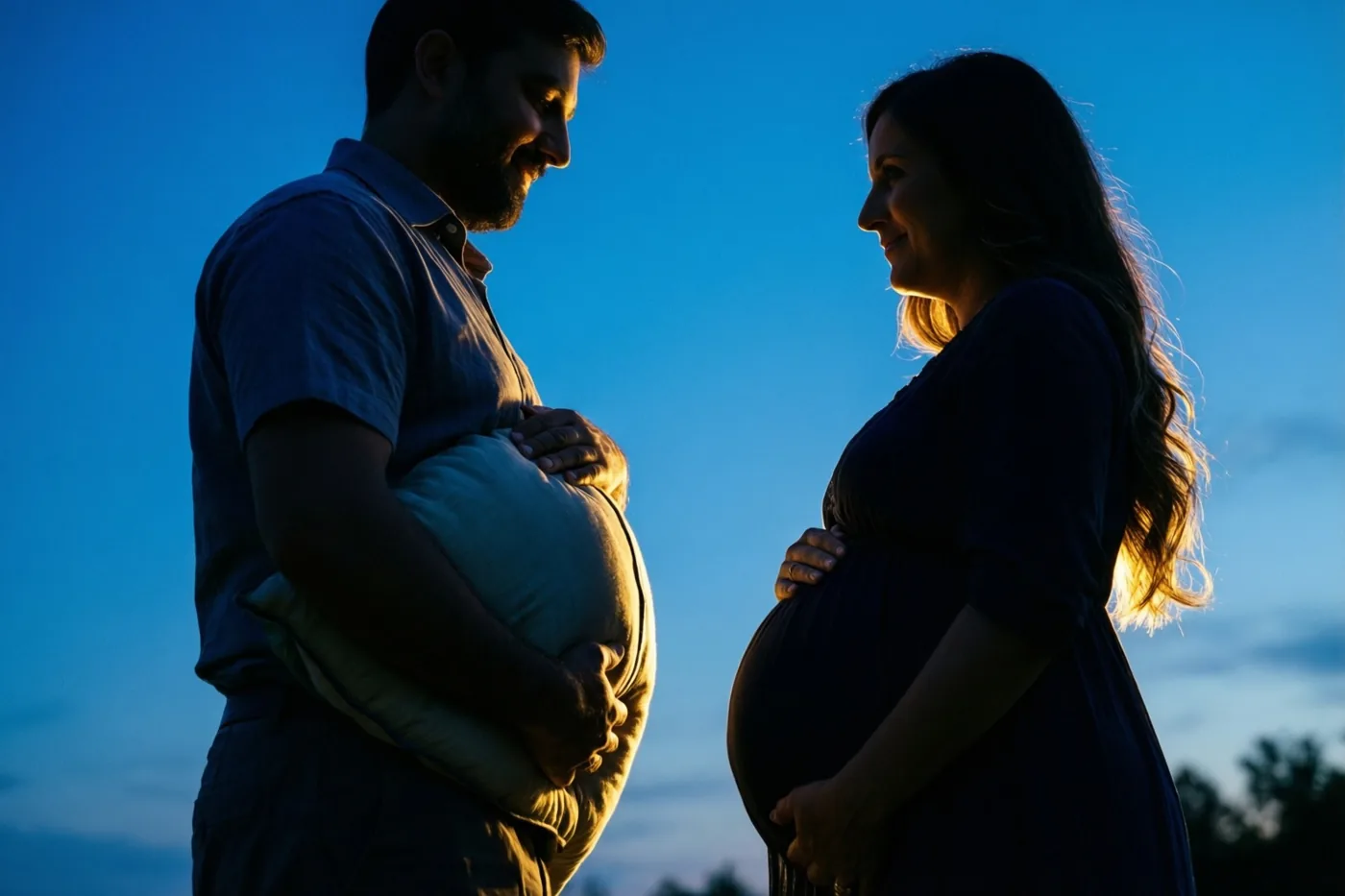 Een man met een kussen onder zijn hemd en een zwangere vrouw kijken als silhouetten naar hun buik tegen een blauwe schemerhemel met warm tegenlicht.