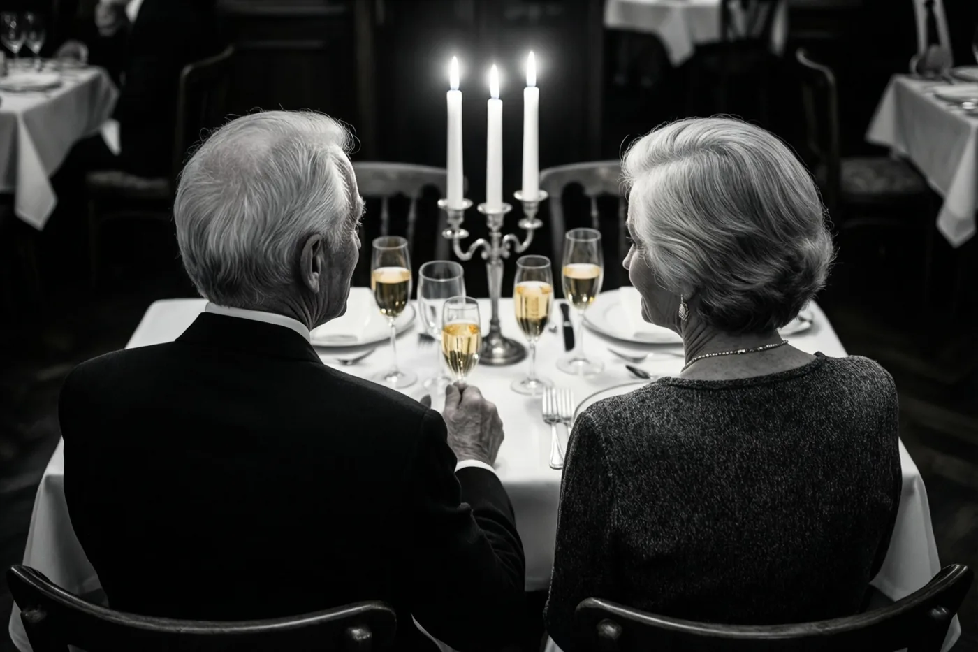 Een zwart-witfoto toont een ouder koppel van achteren aan een restauranttafel met champagneglazen en drie brandende kaarsen.