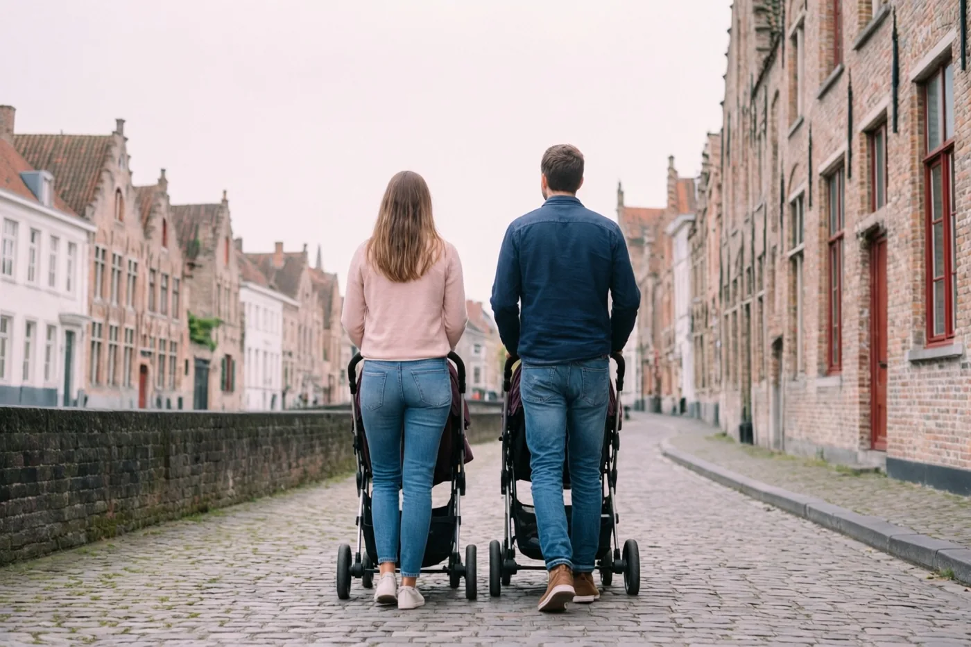 Een jong koppel duwt een kinderwagen door een kasseistraat in een historisch Vlaams stadje met bakstenen gebouwen en een stenen muur, gezien van achteren.