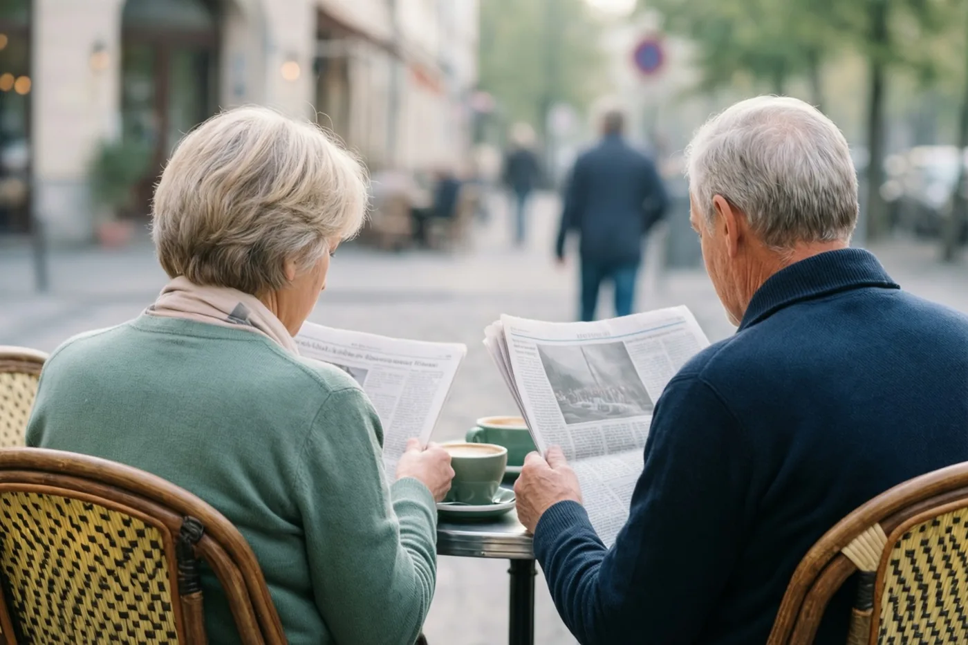Een ouder koppel zit op een doordeweekse ochtend met de rug naar de kijker op een caféterras en leest kranten bij de koffie, in gedempte groene, donkerblauwe en beige tinten.