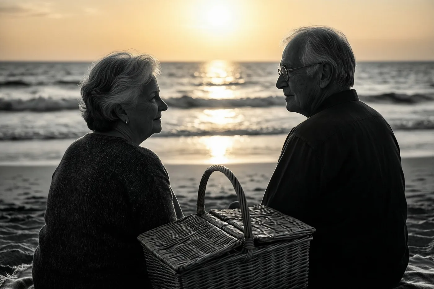 Een ouder koppel zit bij zonsondergang tegenover elkaar op het strand met een rieten picknickmand ertussen, terwijl goudkleurig zonlicht op de golven weerkaatst.