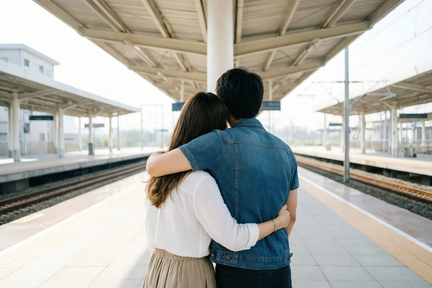 Een koppel omhelst elkaar op een treinperron, van achteren gezien in zacht daglicht met beige, denimblauwe en witte tinten.