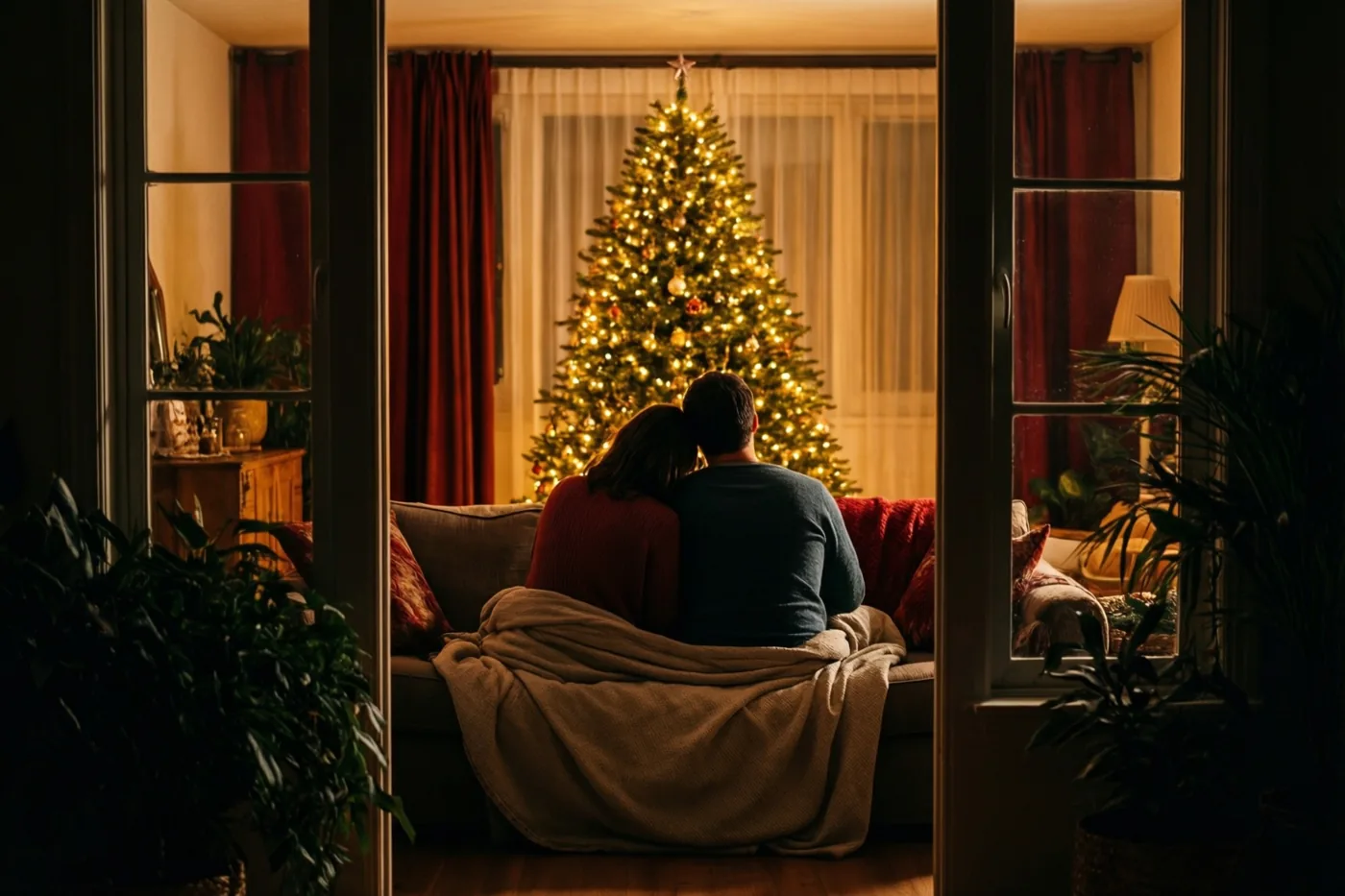 Een koppel zit van achteren gezien samen onder één deken op een zetel voor een felverlichte kerstboom, met rode gordijnen en kamerplanten in de ruimte.