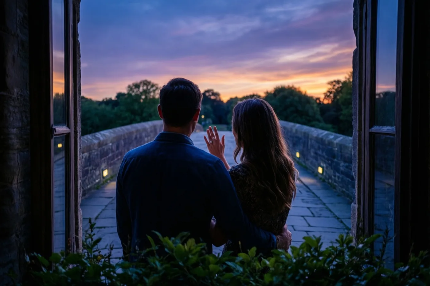 Een koppel staat met de rug naar de camera op een stenen brug bij zonsondergang, terwijl de vrouw haar hand met een ring omhooghoudt onder een paars-oranje-blauwe hemel.