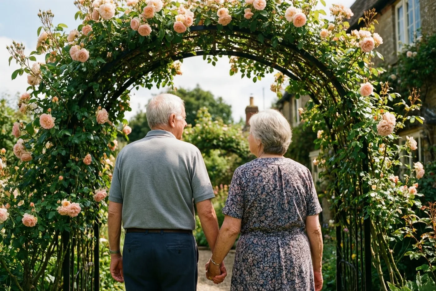 Een ouder koppel wandelt hand in hand onder een boog van roze klimrozen in een zonnige tuin met groen en een stenen huis op de achtergrond.