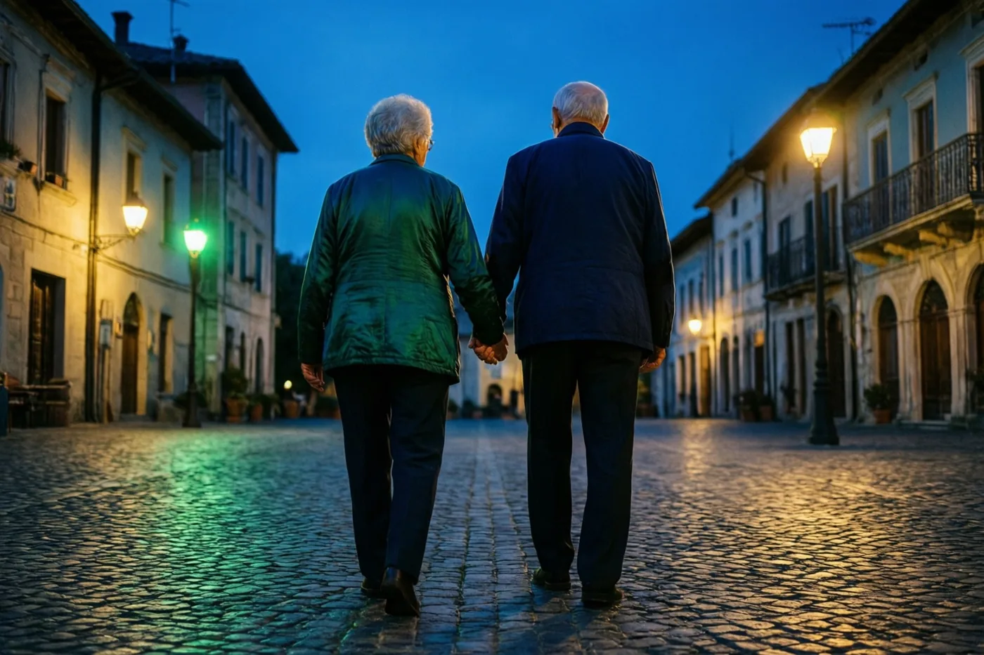Een ouder koppel wandelt hand in hand over een gekasseid dorpsplein bij schemering, onder een diepblauwe hemel en warm straatlicht.