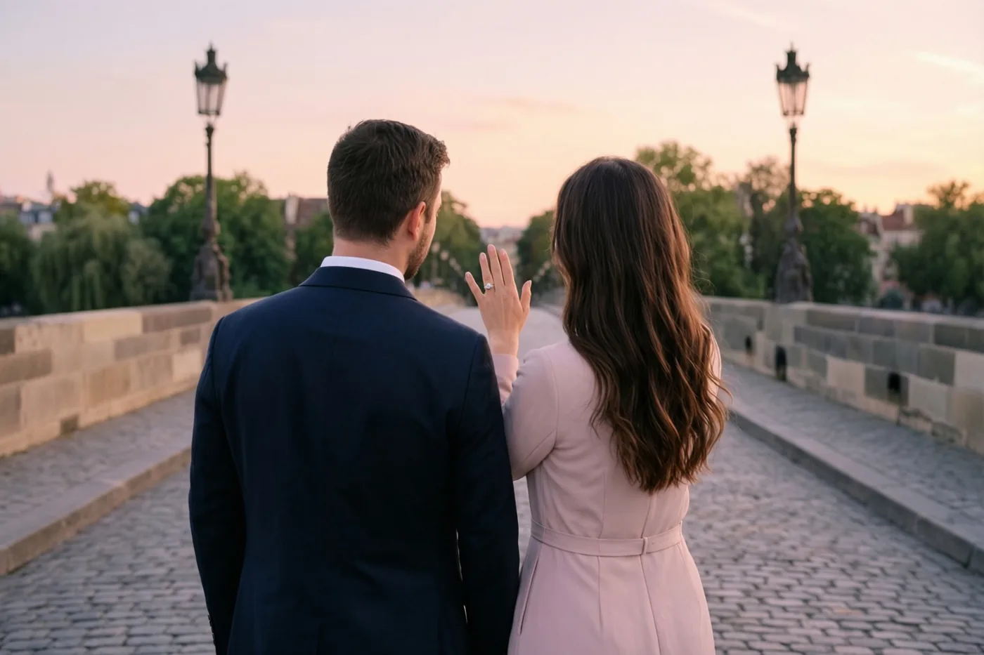 Een koppel wandelt van de camera weg over een brug met kasseien, stenen balustrades en oude straatlantaarns, terwijl de vrouw haar hand met een ring toont onder een roze-oranje avondlucht.