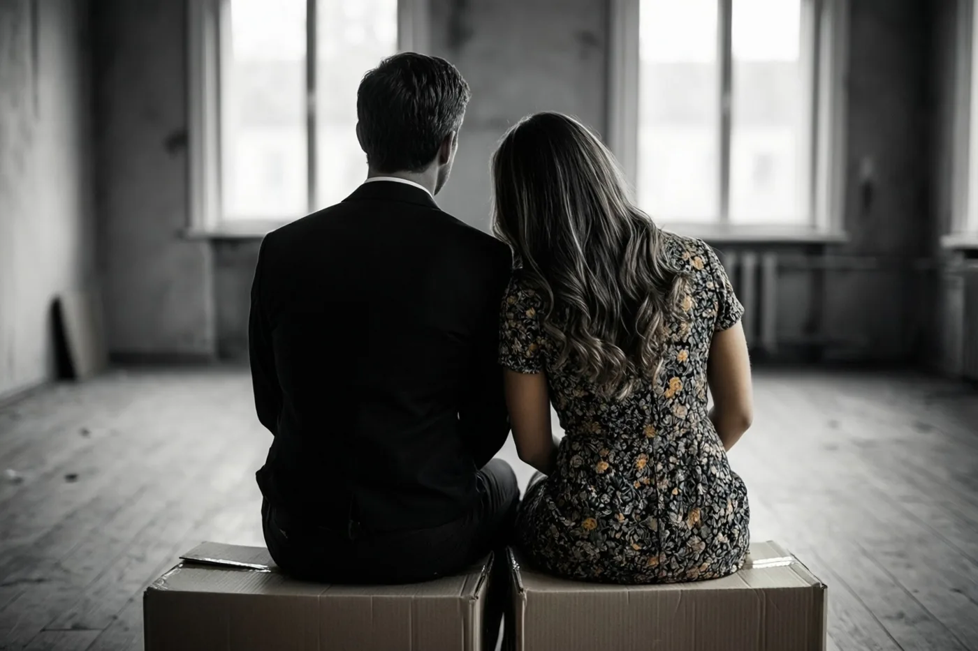 Een man en een vrouw zitten met hun rug naar de camera op twee kartonnen dozen in een lege kamer met houten vloer en grote ramen, op een zwart-witfoto.
