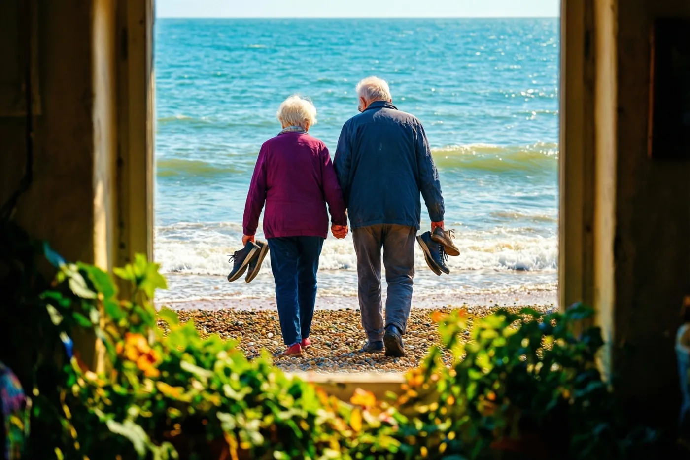 Een ouder koppel wandelt hand in hand langs een kiezelstrand met schoenen in de hand, van achteren gezien door een houten deuropening met groen op de voorgrond en een blauwe zee in de zon.
