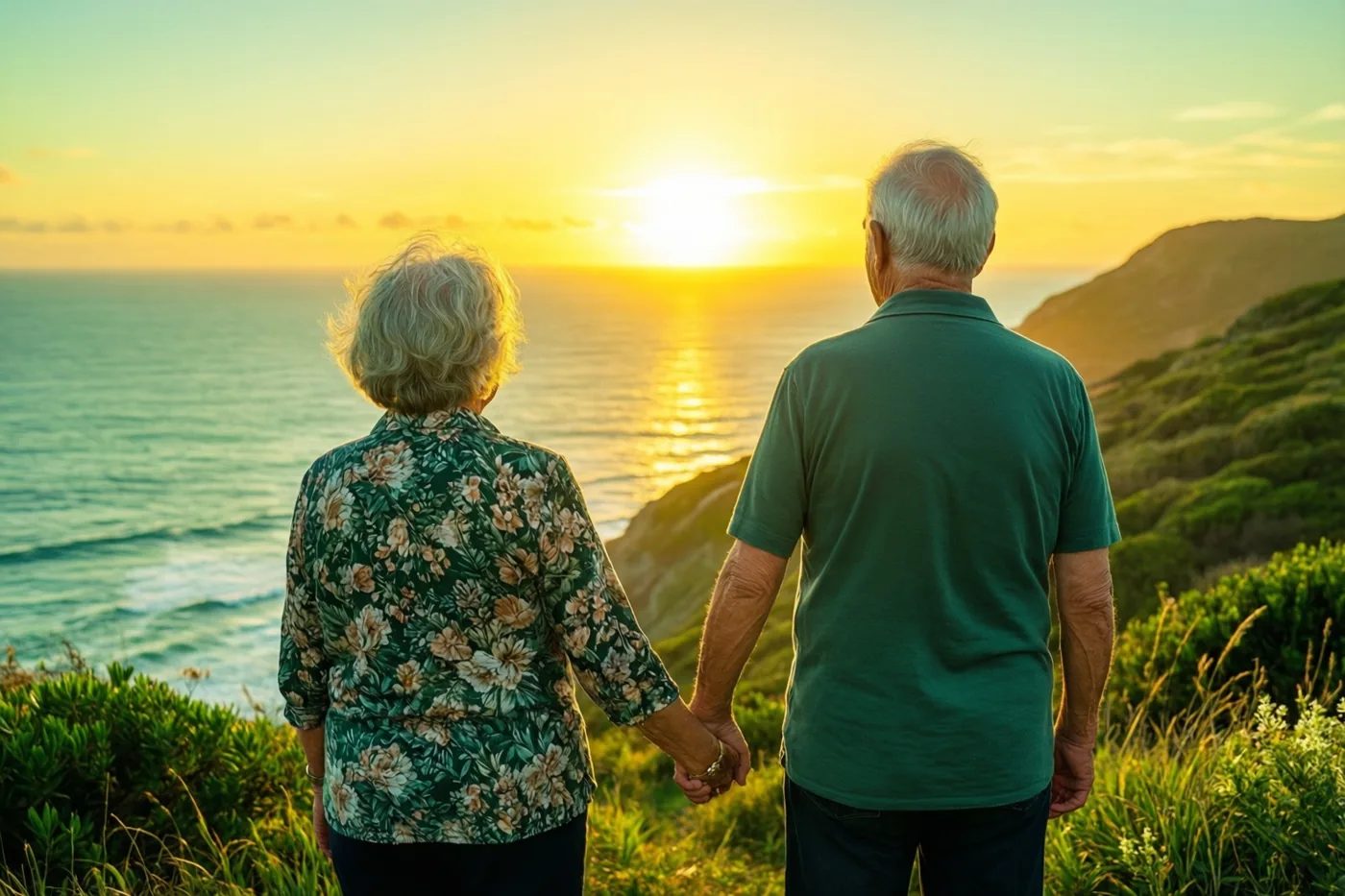 Een ouder koppel staat hand in hand op een klif boven de oceaan bij zonsondergang, van achteren gezien in gouden en blauwgroene tinten.