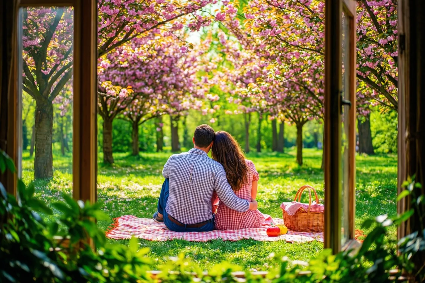 Door een open raam met groen op de voorgrond is een koppel van achteren te zien op een rood-wit geruit picknickdeken in een park met roze bloesembomen.