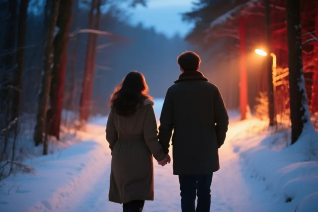Een koppel wandelt van achteren gezien hand in hand over een besneeuwd bospad in blauwe tinten, met rechts een straatlamp die oranje licht verspreidt.