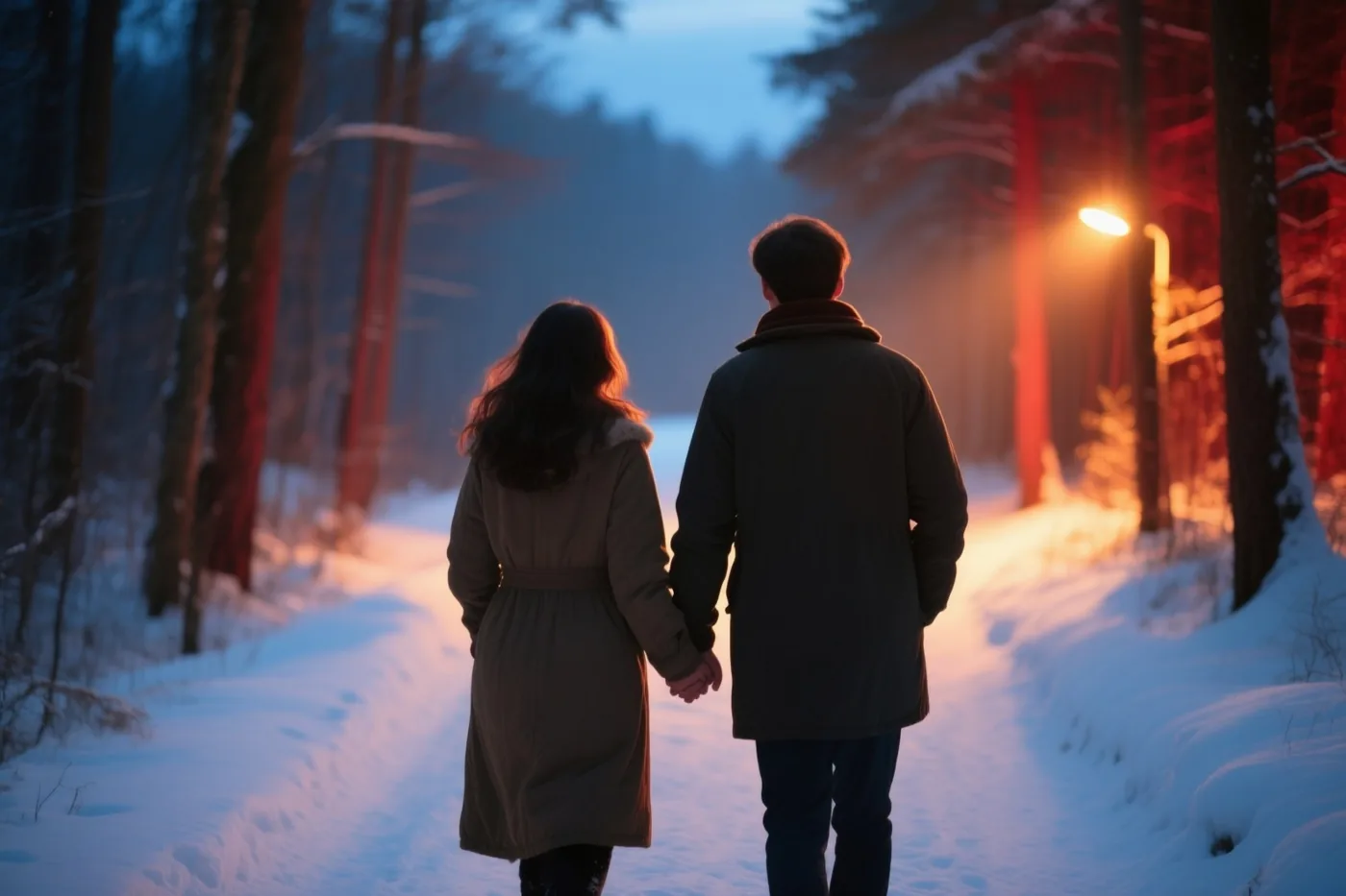 Een koppel wandelt van achteren gezien hand in hand over een besneeuwd bospad in blauwe tinten, met rechts een straatlamp die oranje licht verspreidt.