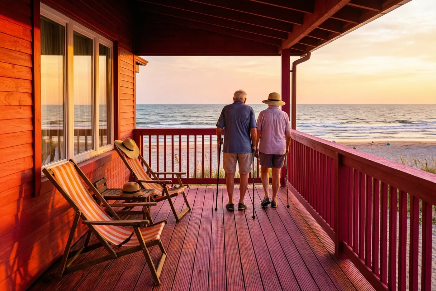 Een ouder koppel loopt met wandelstokken over het houten terras van een strandhuis in de richting van de zee bij zonsondergang, in warme oranje en rode tinten.