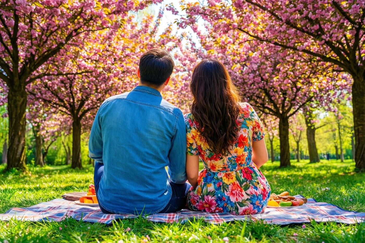 Een koppel zit met de rug naar de kijker op een geruit picknickdeken tussen roze kersenbloesems en groen gras in de zon, waarbij de vrouw een kleurrijke bloemenjurk draagt.