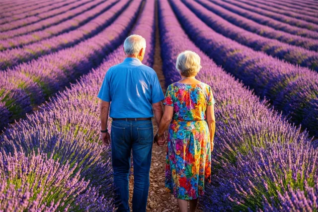 Een ouder koppel in blauwe en kleurrijke gebloemde kledij wandelt hand in hand tussen rijen bloeiende paarse lavendel, van achteren gezien.