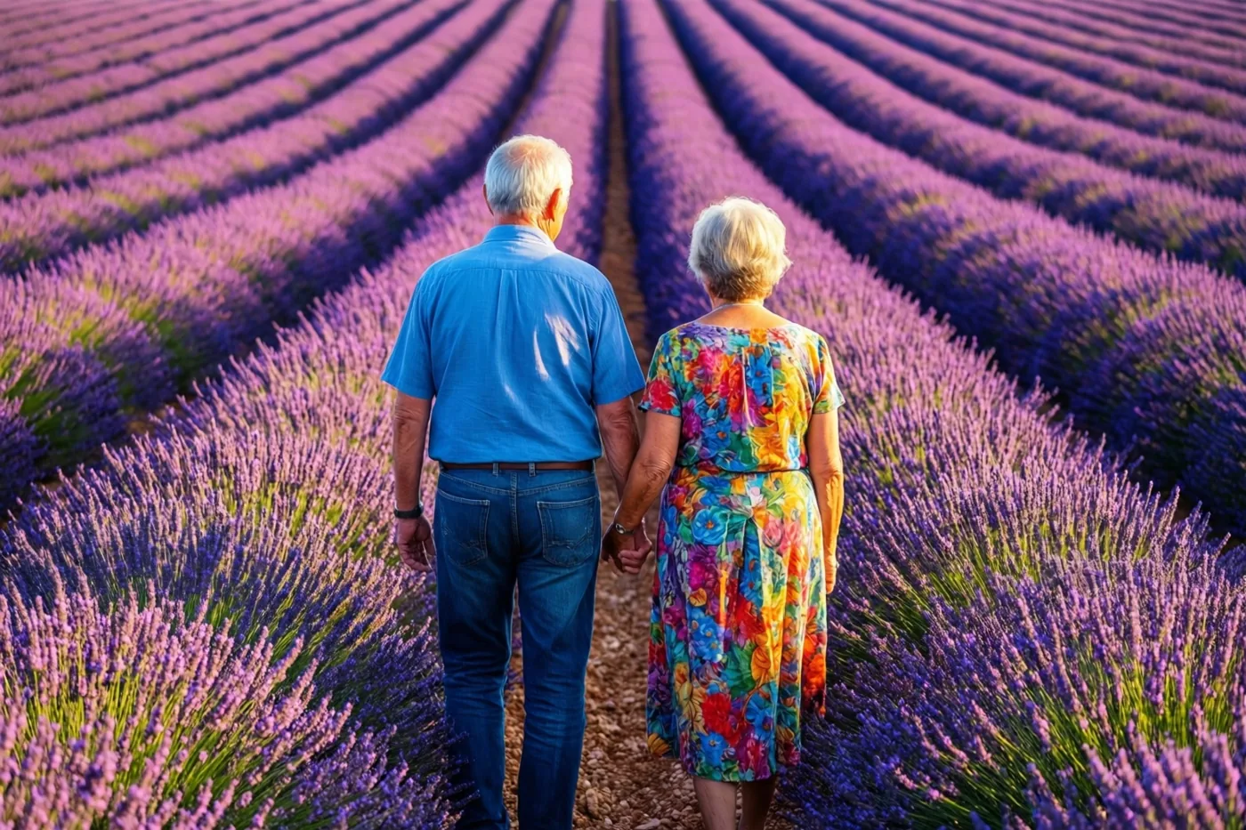 Een ouder koppel in blauwe en kleurrijke gebloemde kledij wandelt hand in hand tussen rijen bloeiende paarse lavendel, van achteren gezien.