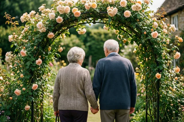 Een ouder koppel wandelt, van achteren gezien, hand in hand onder een boog van perzikkleurige klimrozen tussen het groen in zacht daglicht.