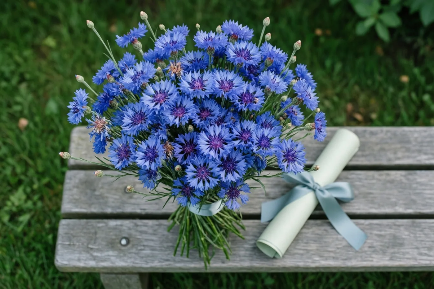 Een boeket blauwe korenbloemen en een opgerold diploma met een lichtblauw lint liggen op een verweerde houten tuinbank, met groen gras op de achtergrond.