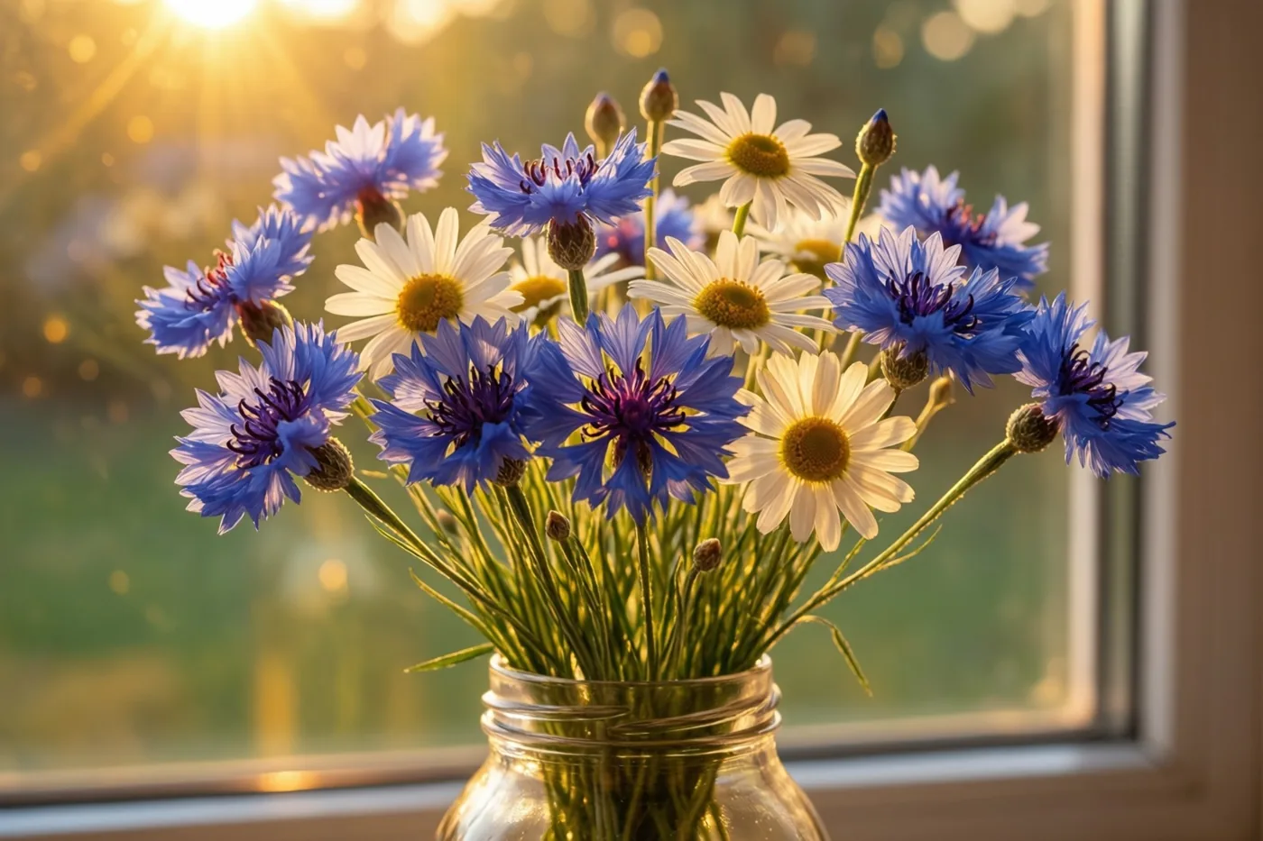 Een glazen pot met blauwe korenbloemen en witte margrieten staat op een vensterbank in warm zonlicht, met wazige gouden lichtvlekken op de achtergrond.