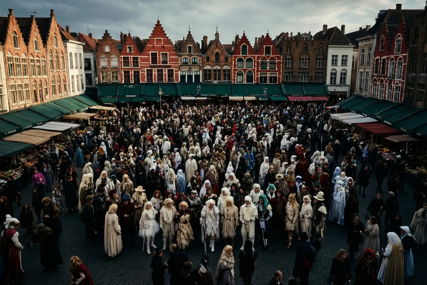 Een grote menigte in uitbundige kostuums vult een historisch marktplein met markante bakstenen gevels, van bovenaf gezien in aardetinten met veel witte kledij.