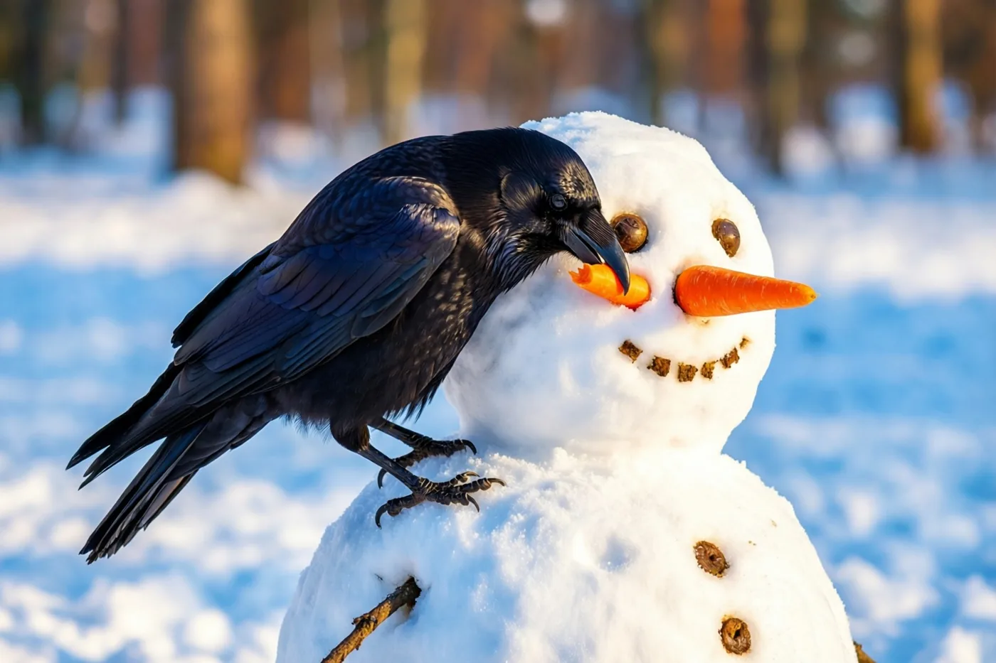 Een zwarte kraai zit op de schouder van een sneeuwman en trekt aan zijn wortelneus in een helder besneeuwd bos.