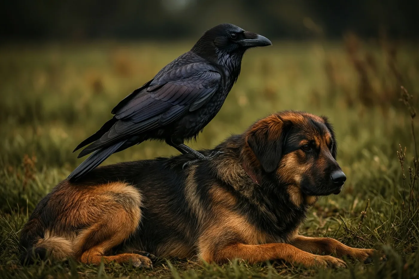 Een zwarte kraai zit op de rug van een bruin-zwarte hond die in een grasveld ligt, in zacht licht en aardetinten.