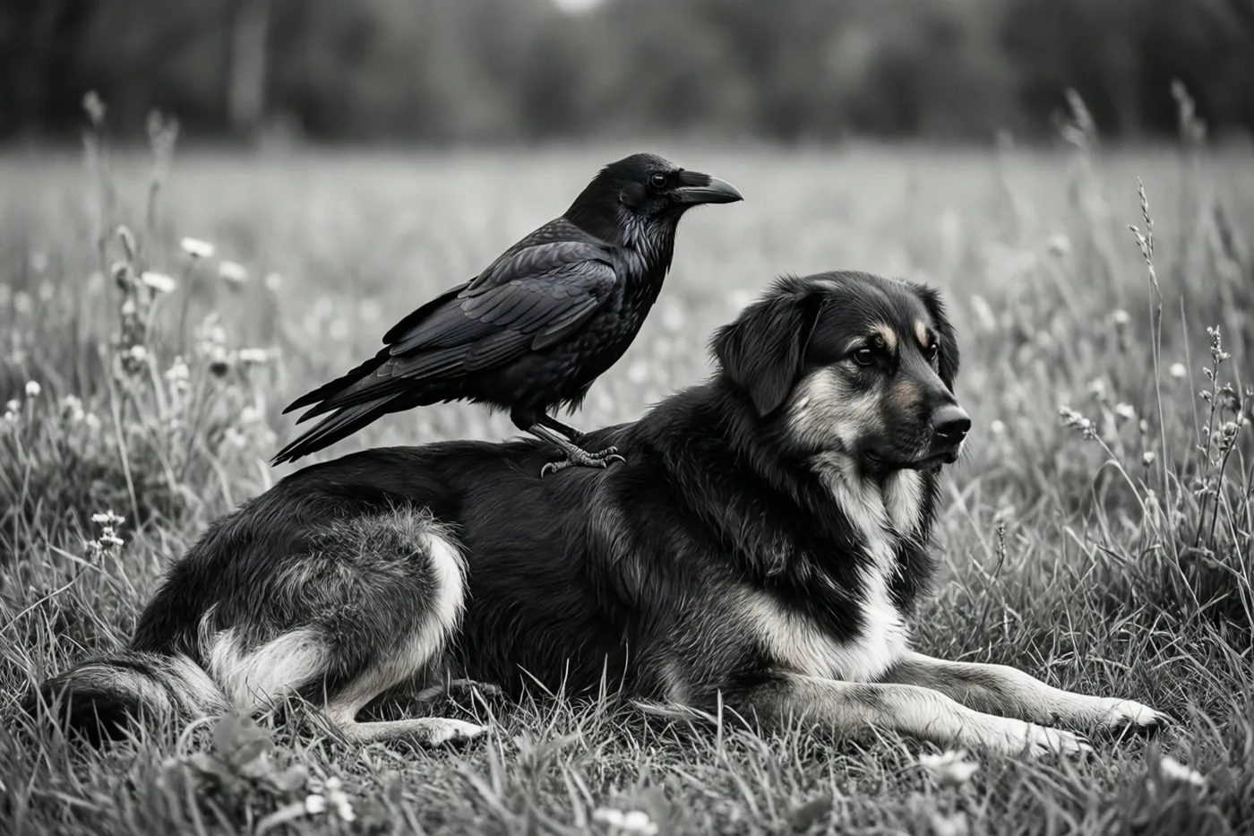 Een zwarte kraai zit op de rug van een hond die in een grasveld ligt, op een zwart-witfoto.