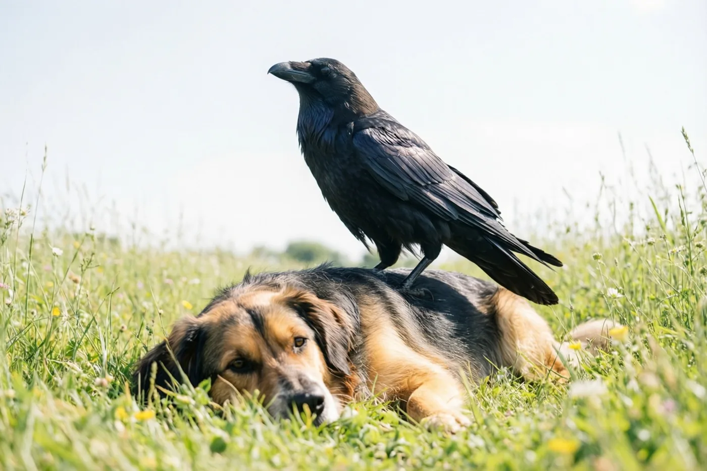 Een zwarte kraai zit op de rug van een bruin-zwarte hond die in een zonnig grasveld ligt onder een heldere hemel.