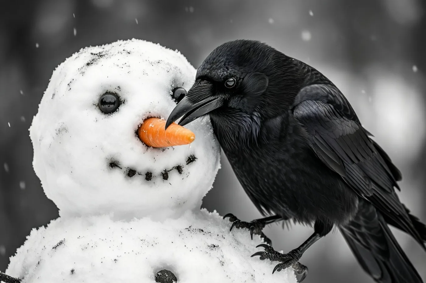 Een zwarte kraai zit op de schouder van een sneeuwman en trekt aan zijn oranje wortelneus tegen een verder monochrome sneeuwachtergrond.